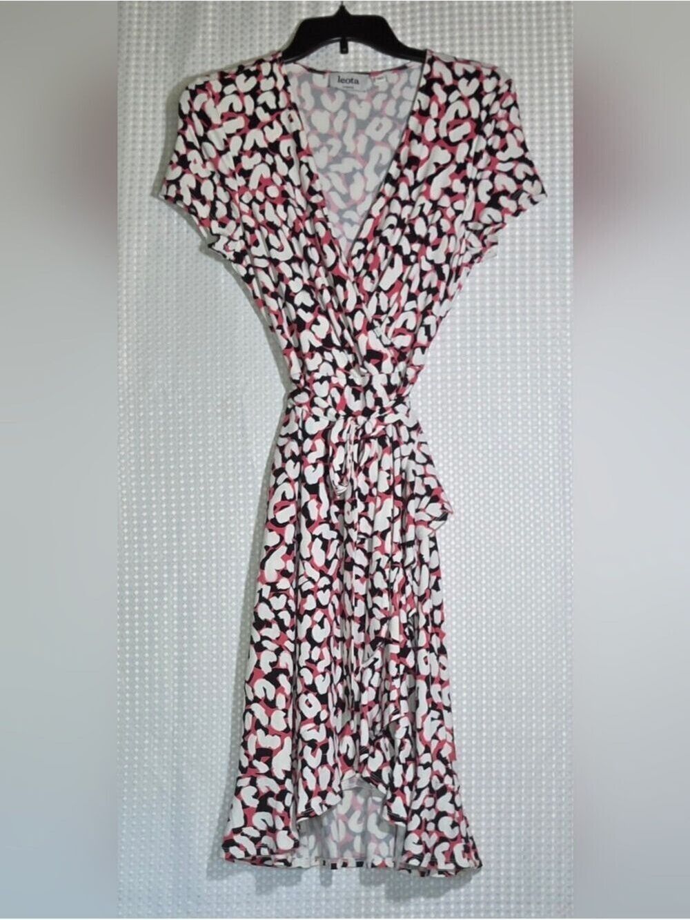 Leota Wrap Dress Pink Black White Abstract Print Hi Low Midi Dress XS - Picture 3 of 10